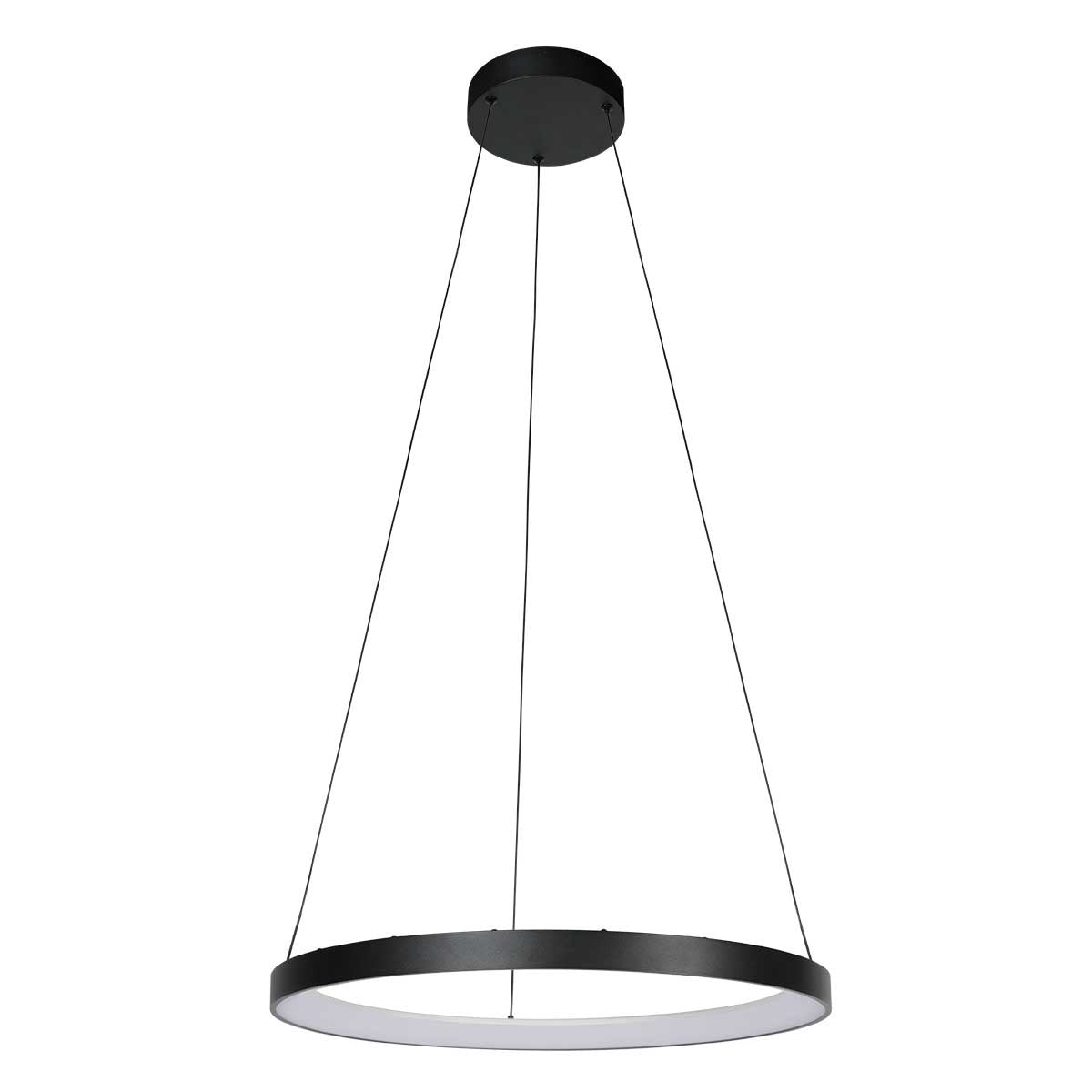 Vue légèrement en contre-plongée du luminaire, anneau noir et diffuseur blanc visible.