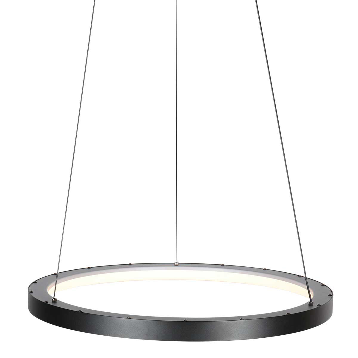 Détail du cerclage noir avec vis apparentes et fixation centrale du câble de suspension.