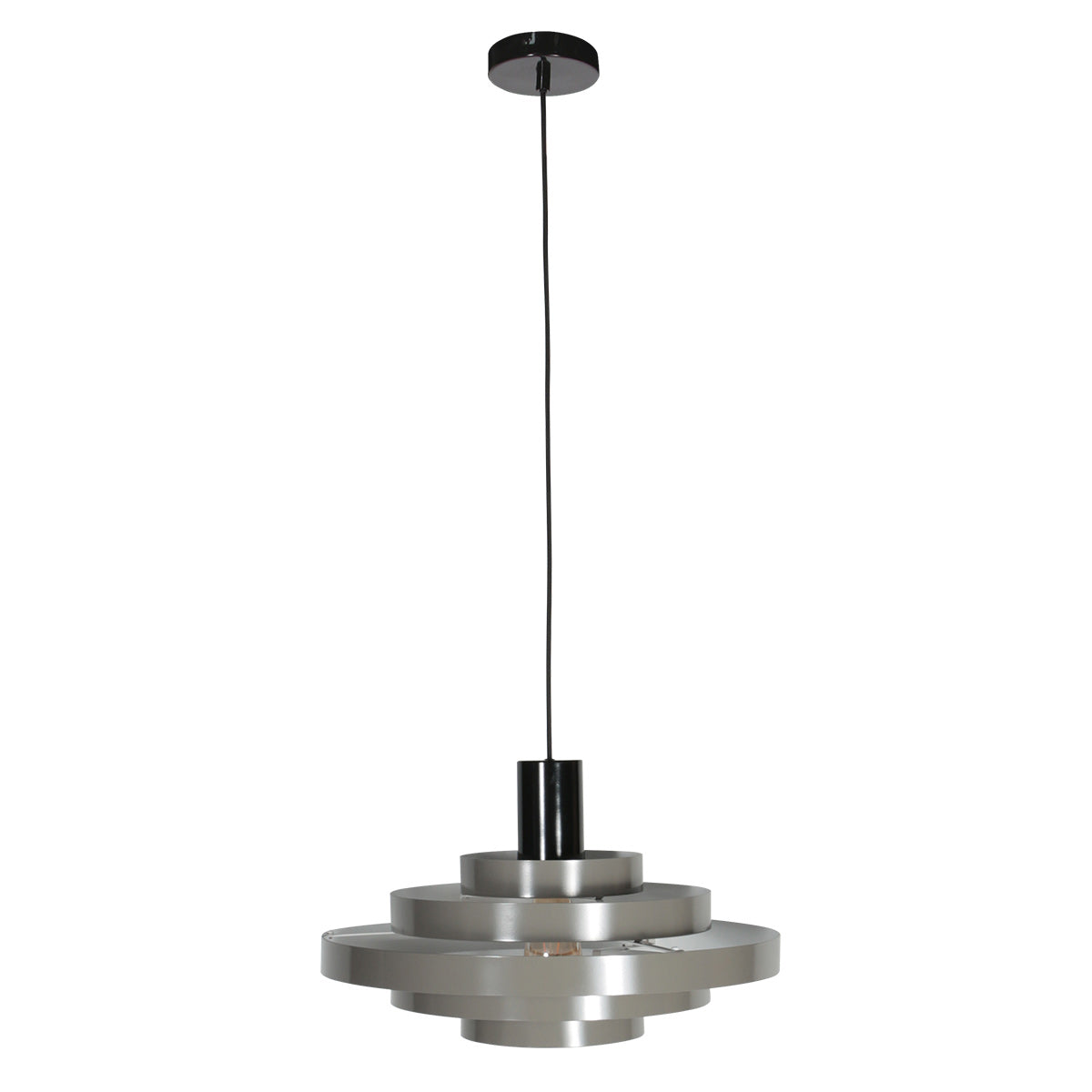 Suspension grise design Halo Cirque vue de profil, câble textile et douille E27