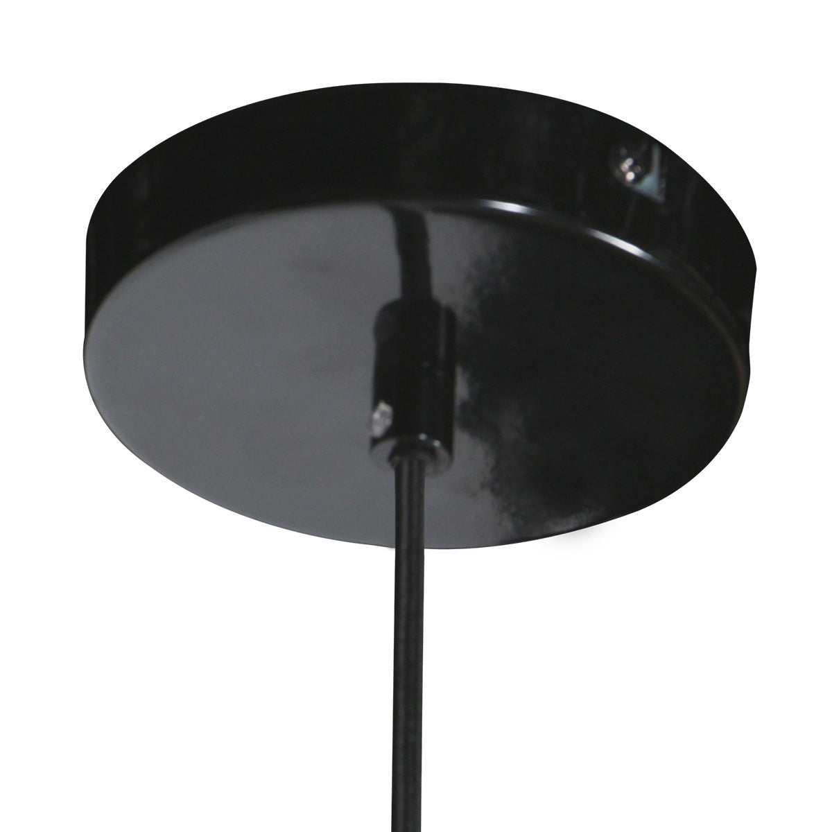 Détail de la platine de plafond noire et du câble de la suspension Halo Cirque