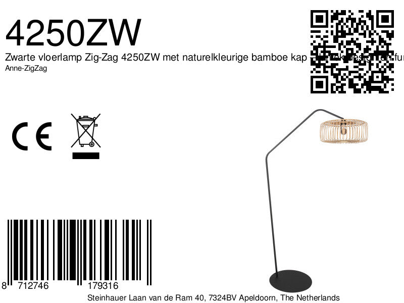 Stehleuchte Zig-Zag 4250ZW schwarz mit Bambus-Lampenschirm in Naturfarbe – einzigartiges Design und funktionale Nutzung