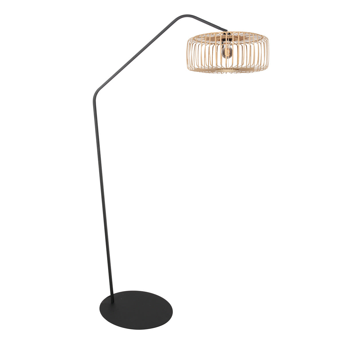 Lampadaire entier noir avec abat-jour en bambou naturel monté sur base ronde.