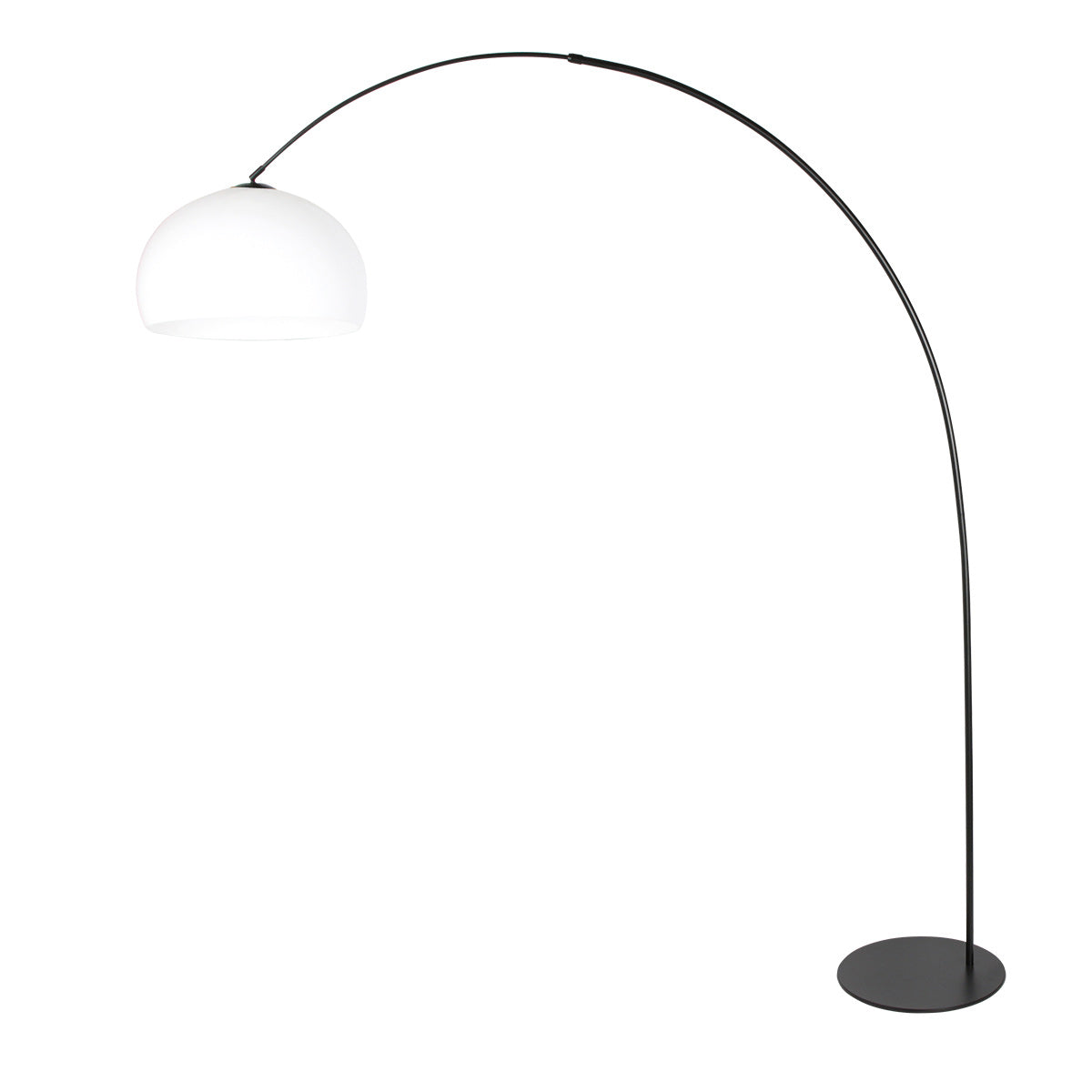 Lampadaire présenté en miroir, grand arc noir et abat-jour blanc