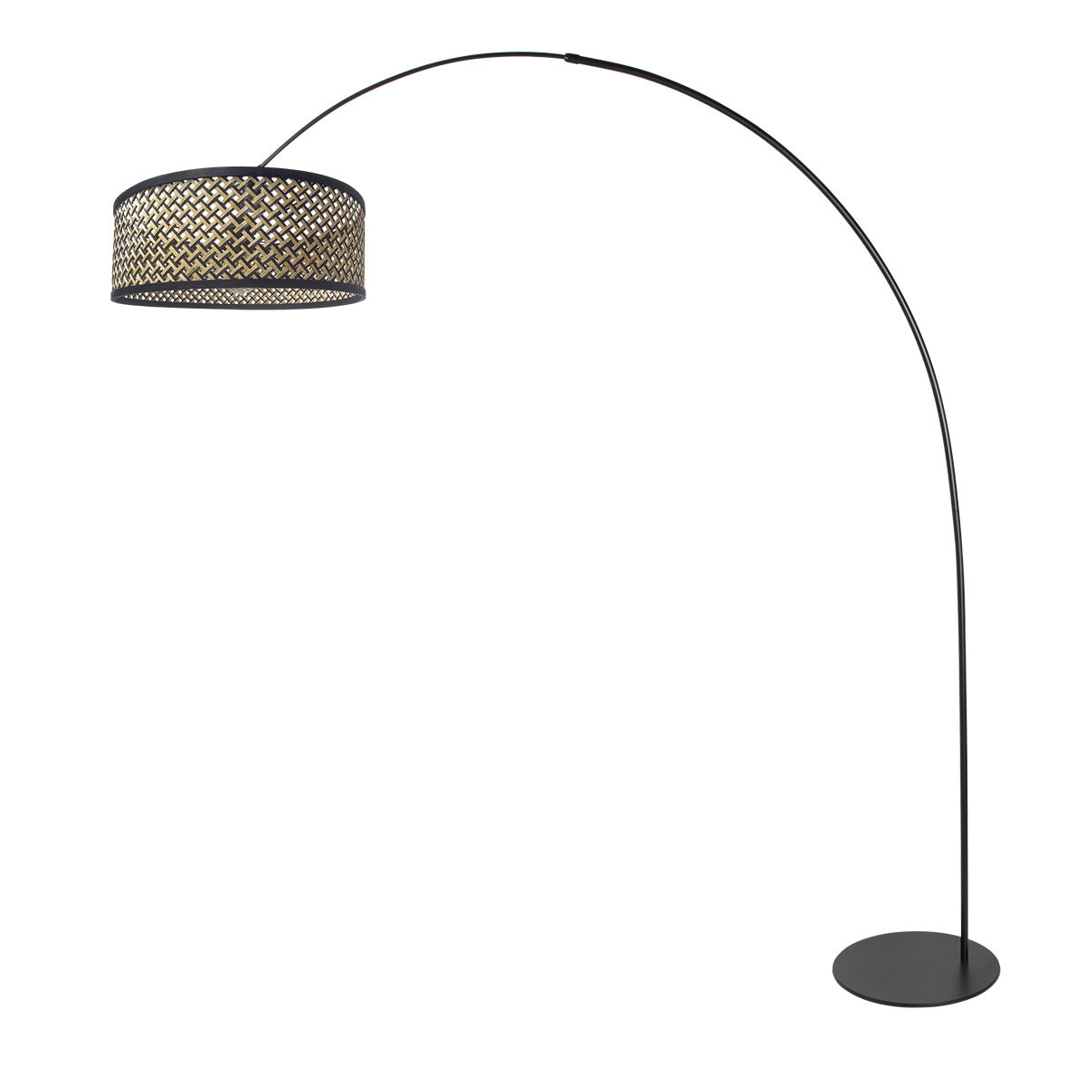 Vue inversée du lampadaire montrant la tige arquée et l'abat-jour tressé.