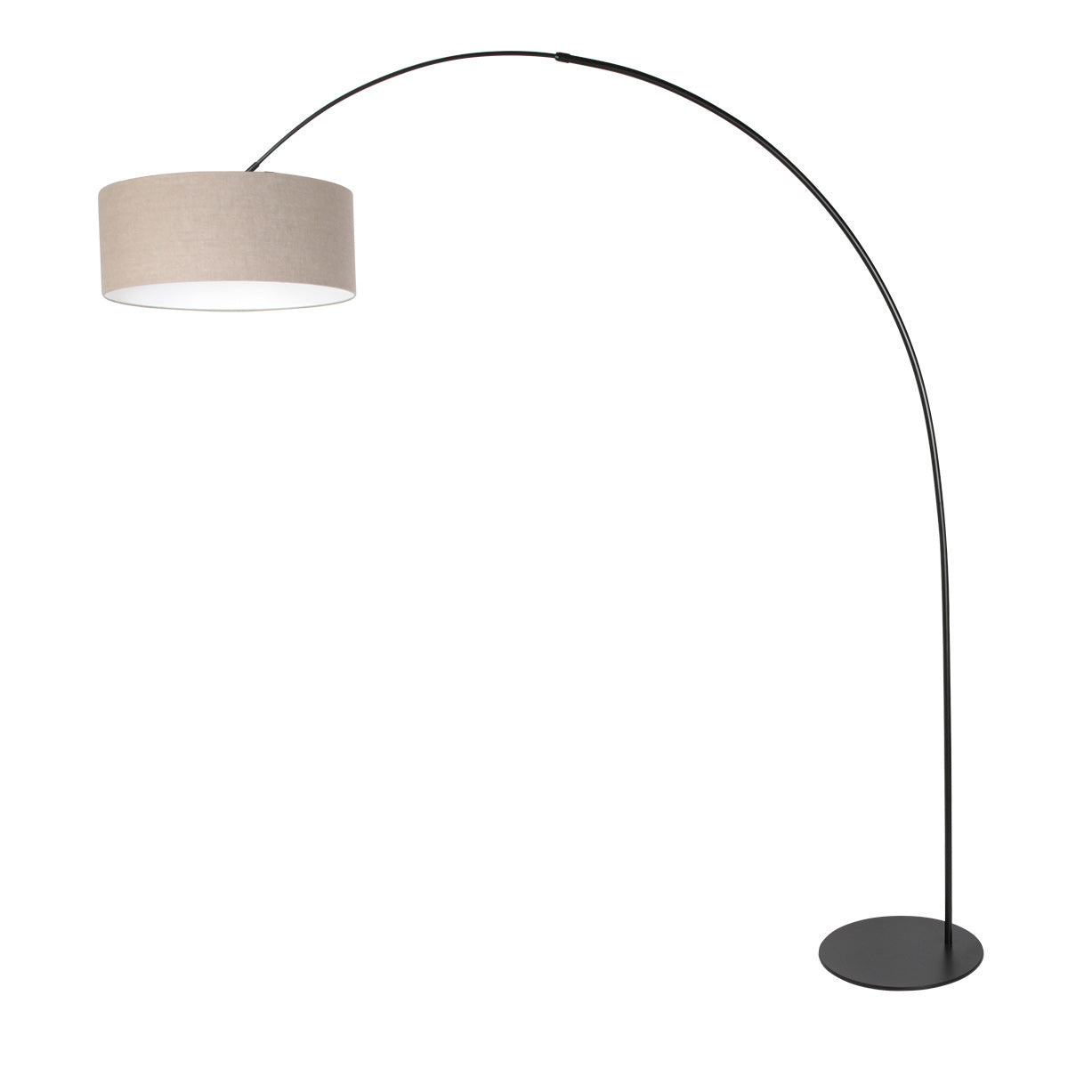 Vue inversée du lampadaire : abat-jour à gauche, pied circulaire noir à droite.
