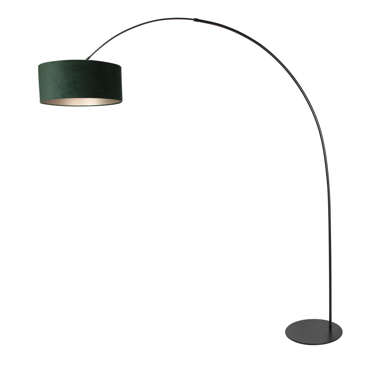 Vue de face du lampadaire arc, pied plat noir et diffuseur vert foncé