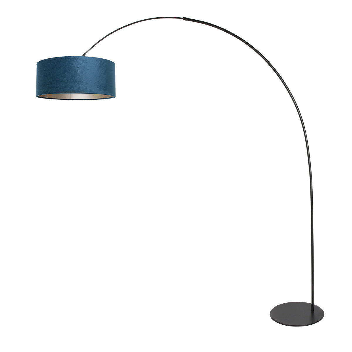 Vue inversée du lampadaire, arc noir et abat-jour bleu orientés vers la gauche