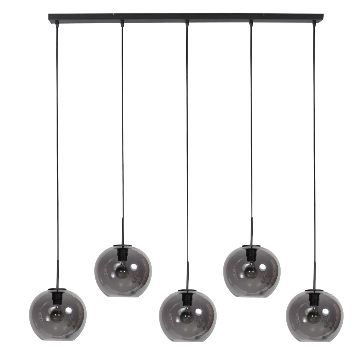 Détail des globes fumés et des douilles noires fixées sous le rail rectangulaire