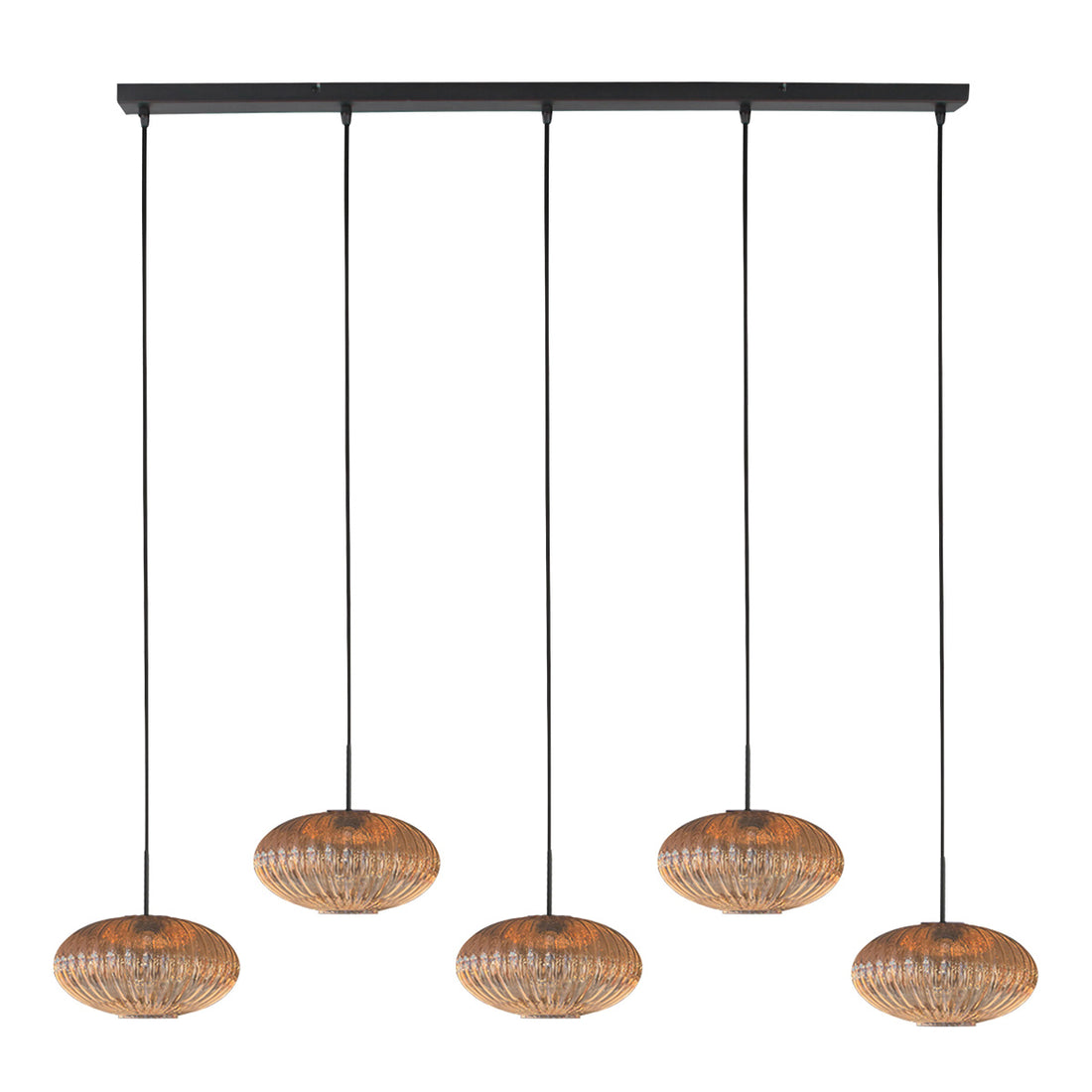 Hängeleuchte aus geripptem bernsteinfarbenem Glas, 5 Gläser auf 110 cm Stange | HaloSwap