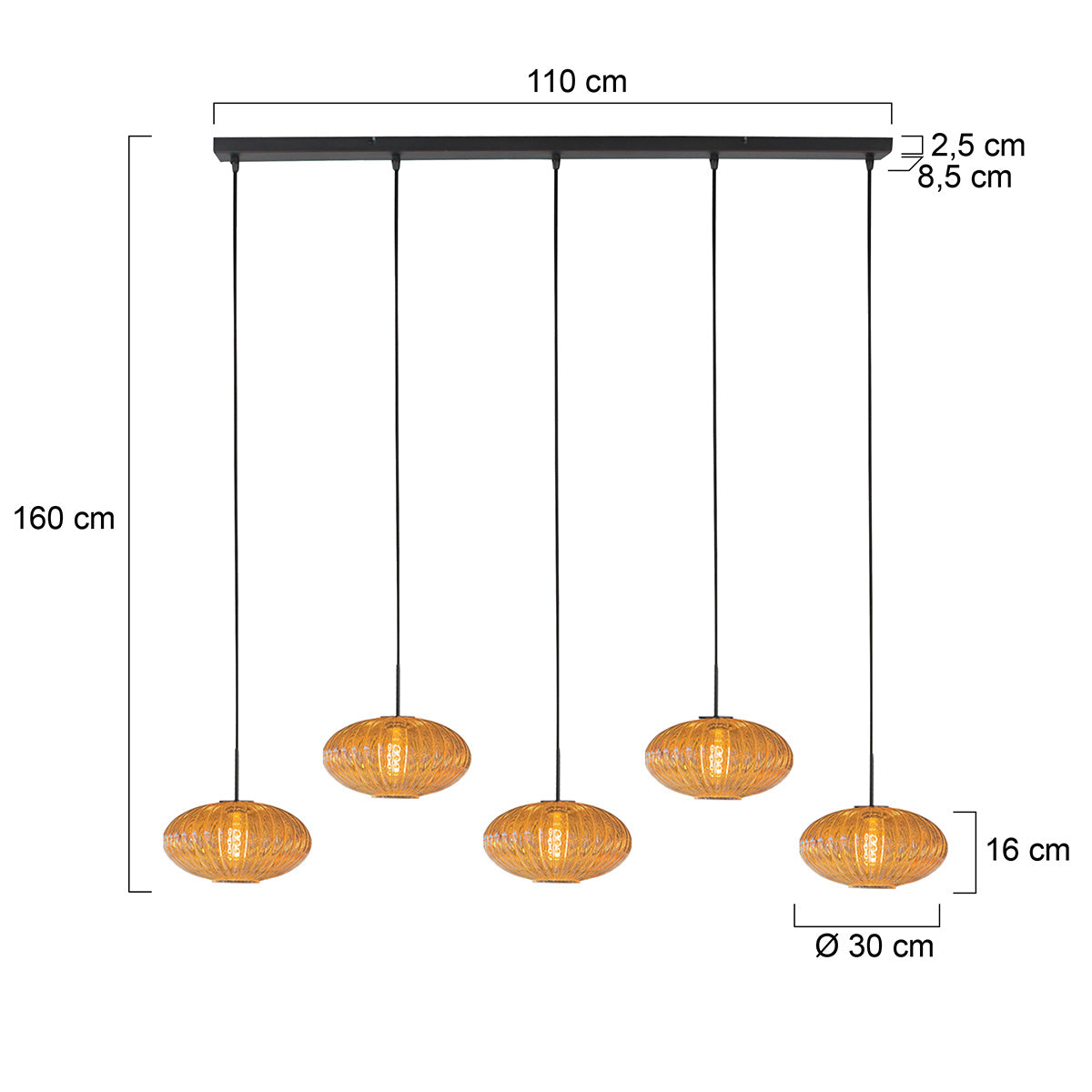 Dimensions de la suspension barre HaloSwap : platine 110 cm, verres Ø 30 cm, hauteur 160 cm
