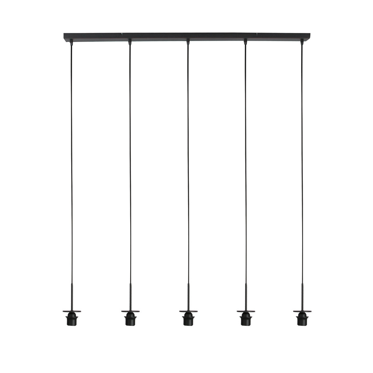 Cinq douilles noires suspendues sous une barre rectangulaire, sans abat-jour