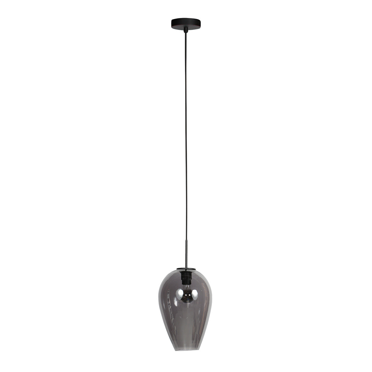Luminaire suspendu entier avec abat-jour en verre fumé, ampoule éteinte, fond blanc