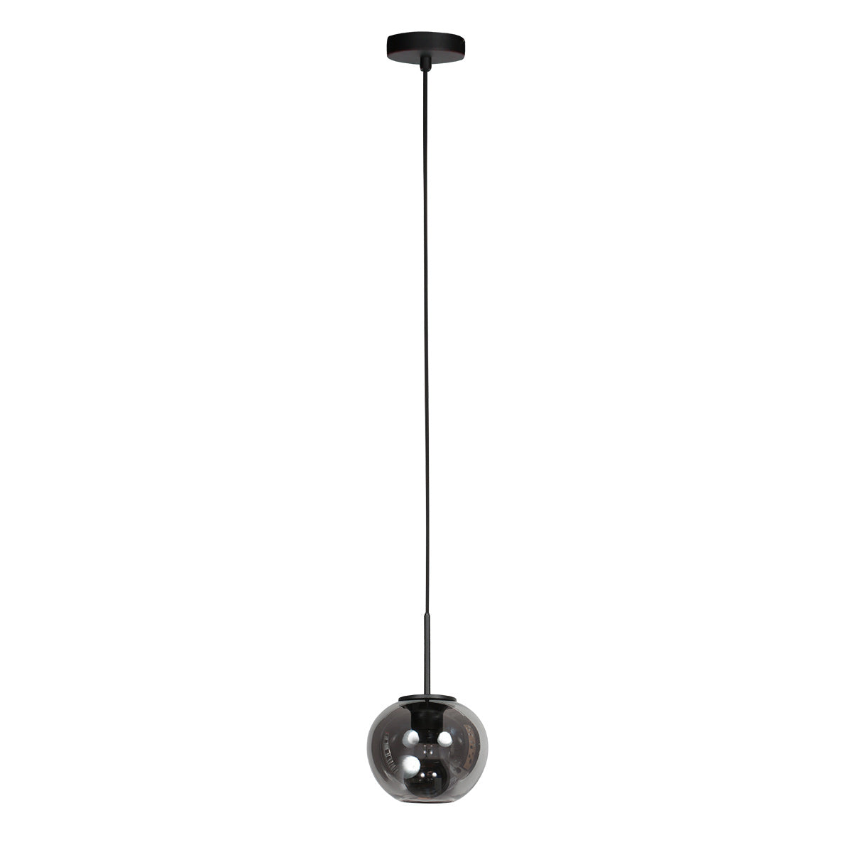 Suspension présentée de face, câble tendu et globe en verre fumé transparent
