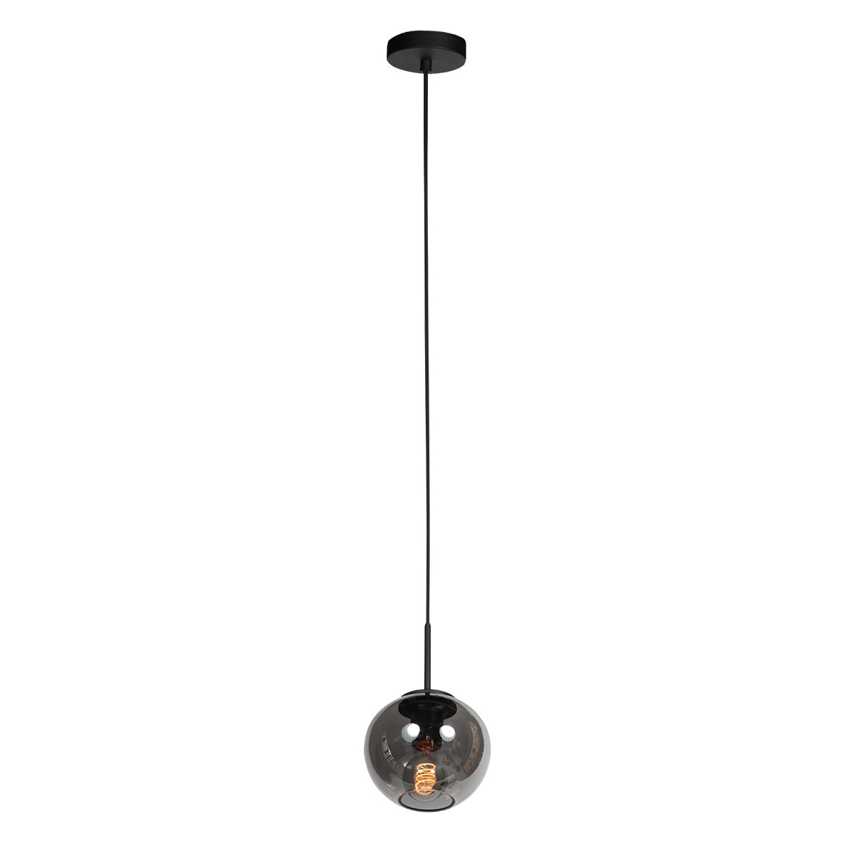 Suspension complète vue de côté, rosace noire et sphère en verre fumé