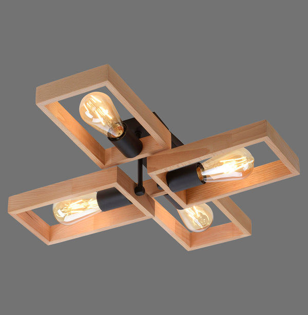 Plafonnier Franky 4 lumières noir et bois