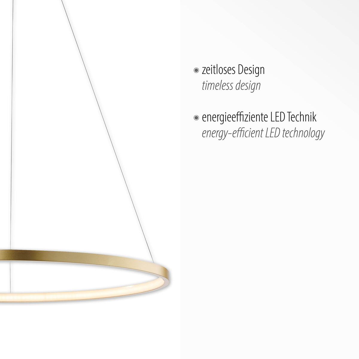 Détail de la finition dorée et du diffuseur LED, avec mentions design intemporel