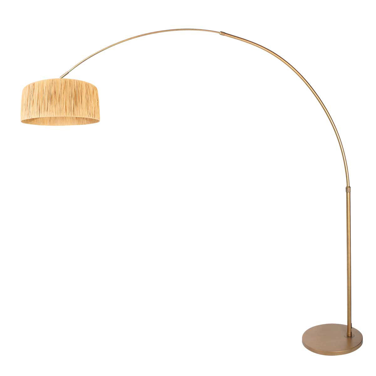 Vue inversée du lampadaire arqué montrant l'arc métallique bronze et son abat-jour tressé