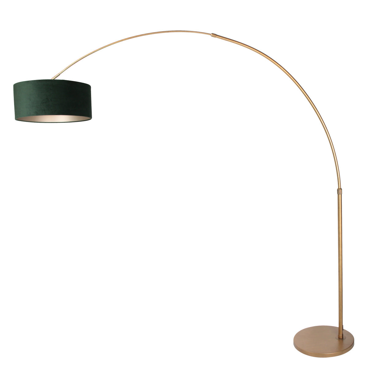 Profil inversé du lampadaire montrant l'arc métallique doré et le grand abat-jour vert