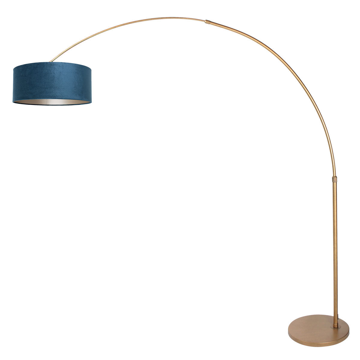 Vue opposée du lampadaire, arc bronze et abat-jour bleu orienté vers la gauche