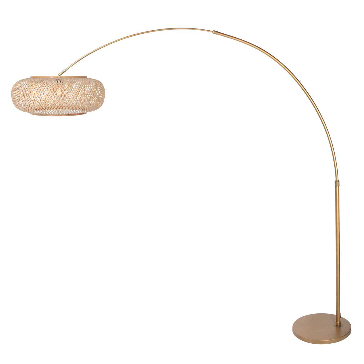 Vue de profil du lampadaire, arche fine dorée et diffuseur tressé incliné vers le sol