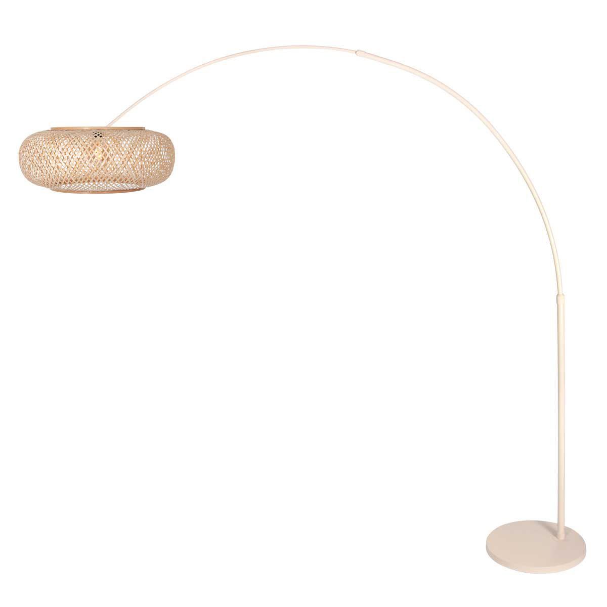 Vue de face du lampadaire, arc inversé et base plate posée au sol