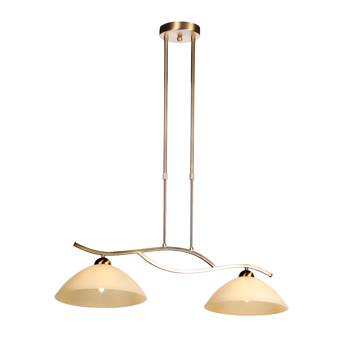 Luminaire suspendu allumé au-dessus d'une table, abat-jours diffusant une lumière chaude