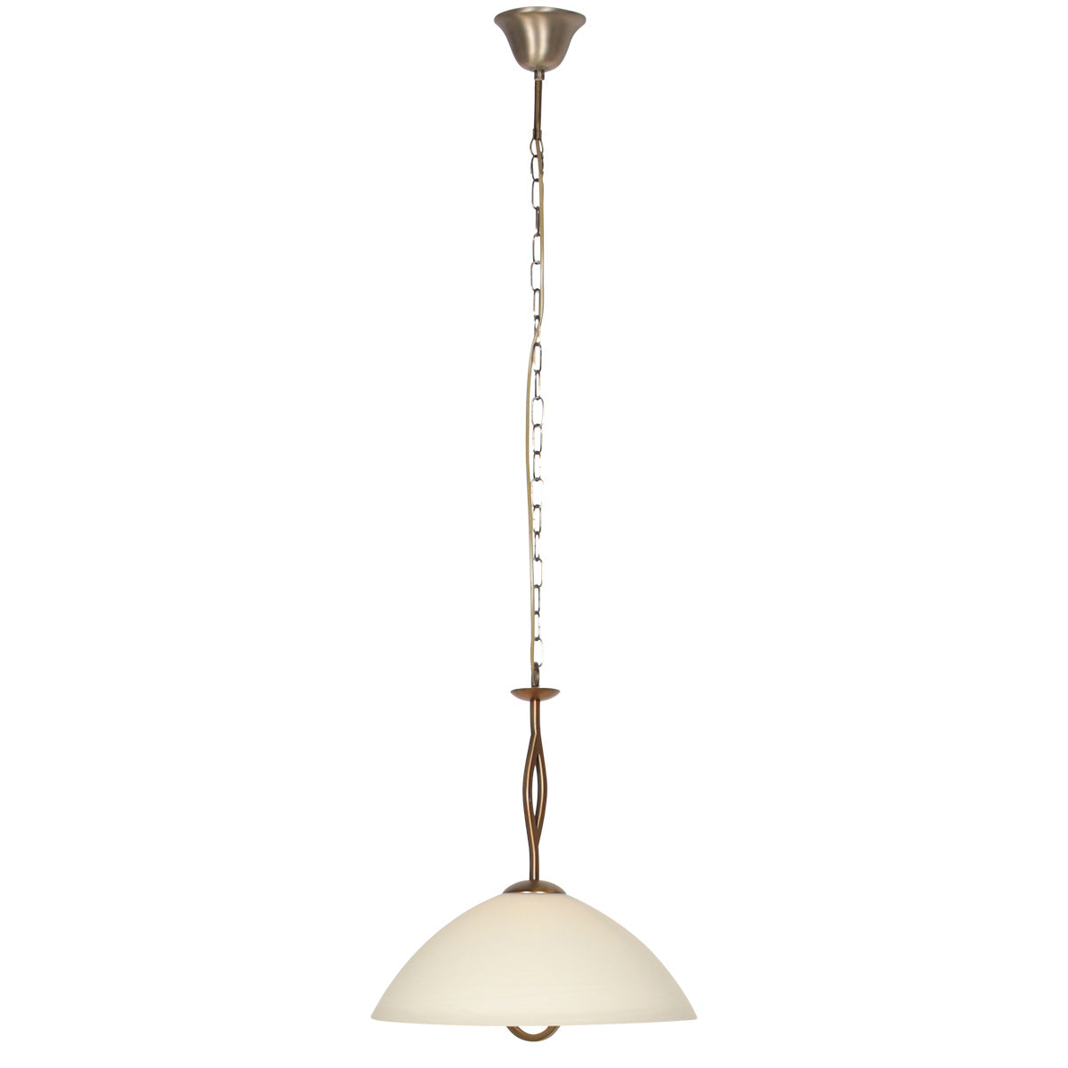 Vue complète du luminaire avec rosace de plafond et chaîne déployée