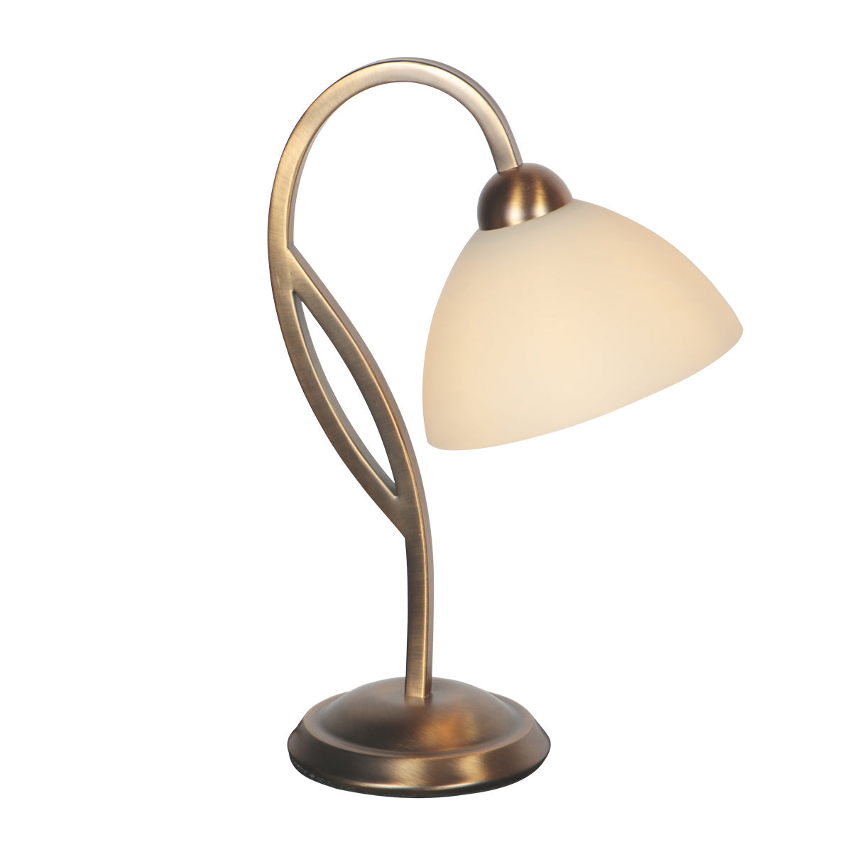 Lampe présentée de trois quarts, montrant la courbure élégante du pied en bronze