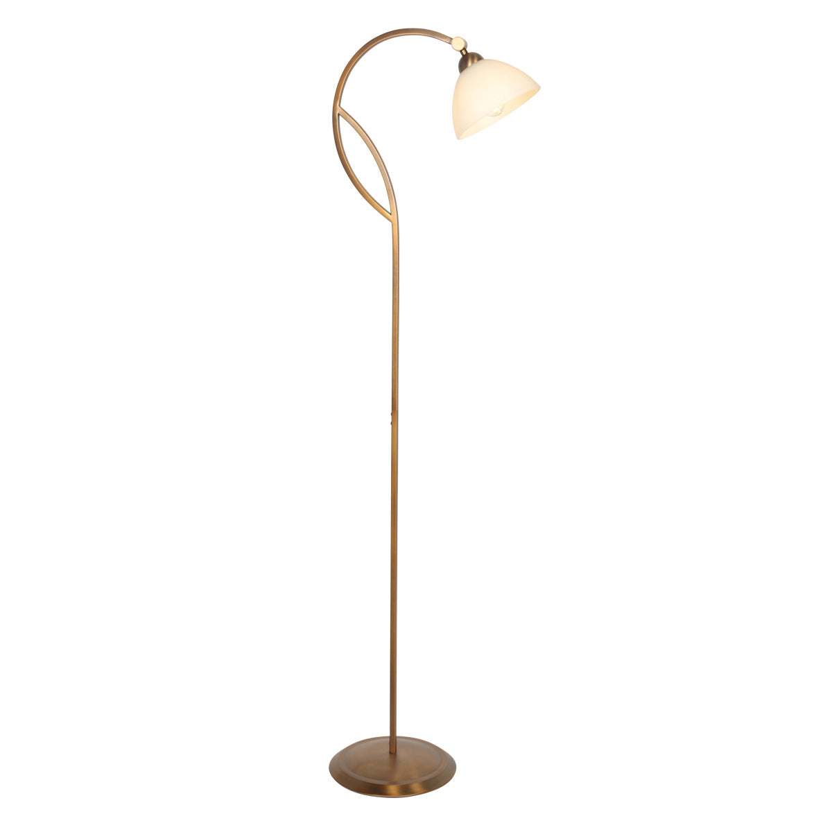 Vue de profil du lampadaire arqué montrant la courbe du bras et le socle rond.