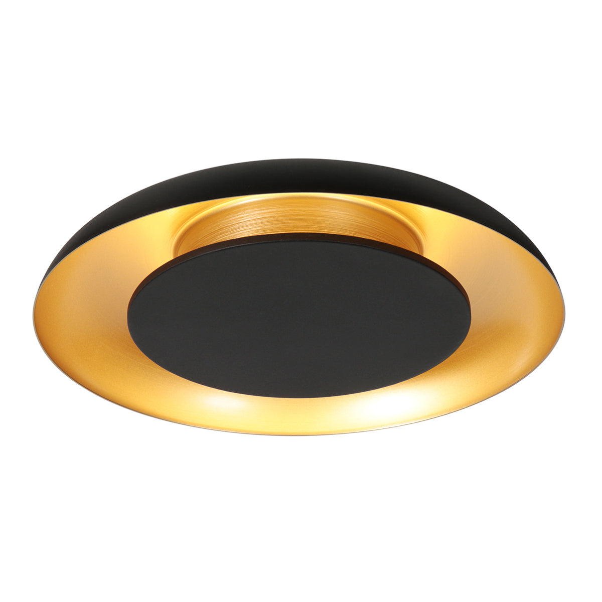 Vue de trois quarts du luminaire rond noir et doré sur fond blanc.