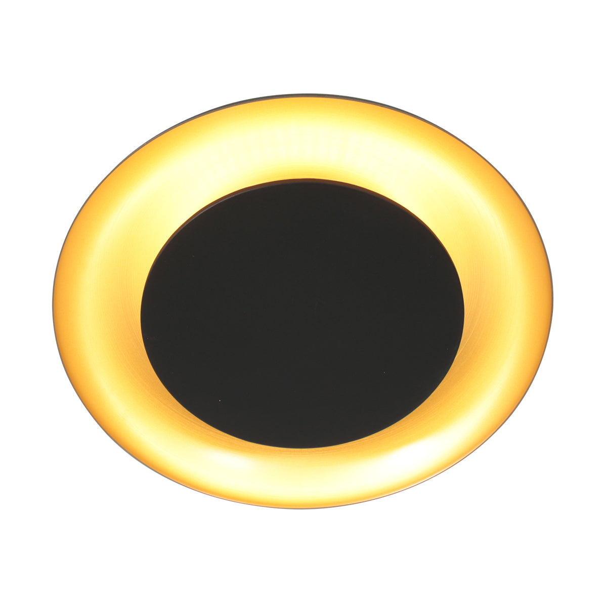 Vue de dessous du luminaire allumé avec anneau doré et centre noir.