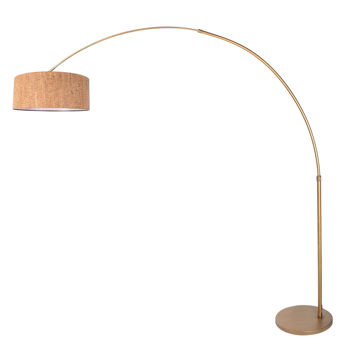 Vue inversée du lampadaire arqué avec bras métallique doré et abat-jour en liège