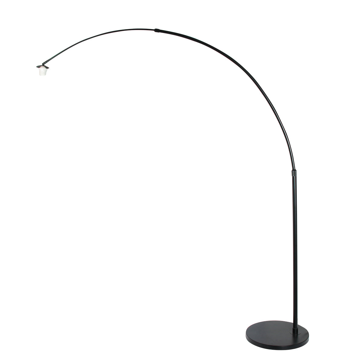 Lampadaire arqué noir sans abat-jour, douille et support visibles au bout du bras.
