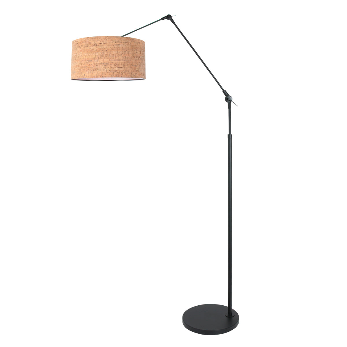 Vue en contre-plongée du lampadaire, abat-jour liège incliné, base ronde noire
