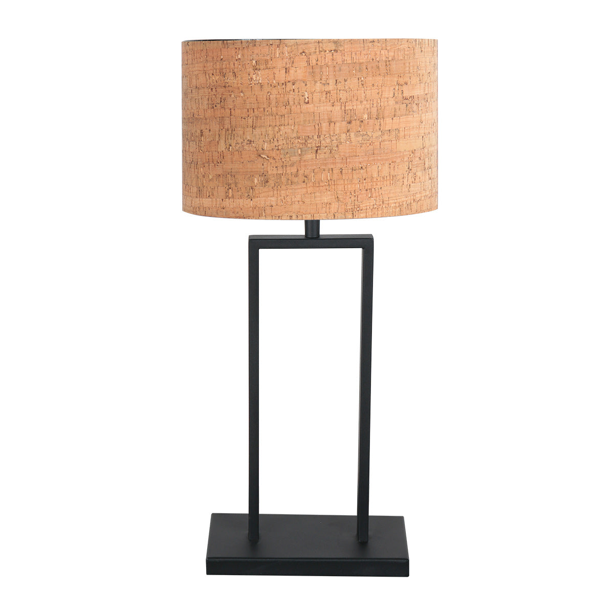 Vue de face resserrée du luminaire, abat-jour en liège naturel et base rectangulaire noire.