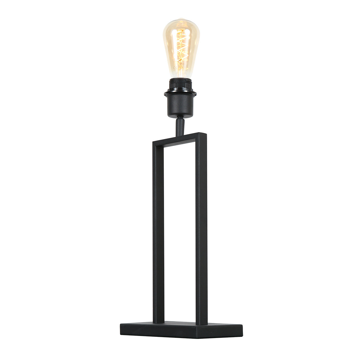 Lampe sans abat-jour montrant une ampoule à filament allumée sur douille noire.