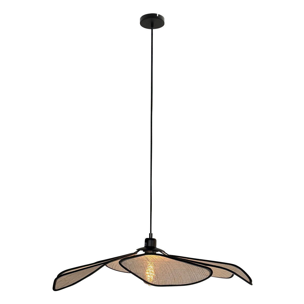 Vue de profil du luminaire suspendu, câble noir et rosace de plafond