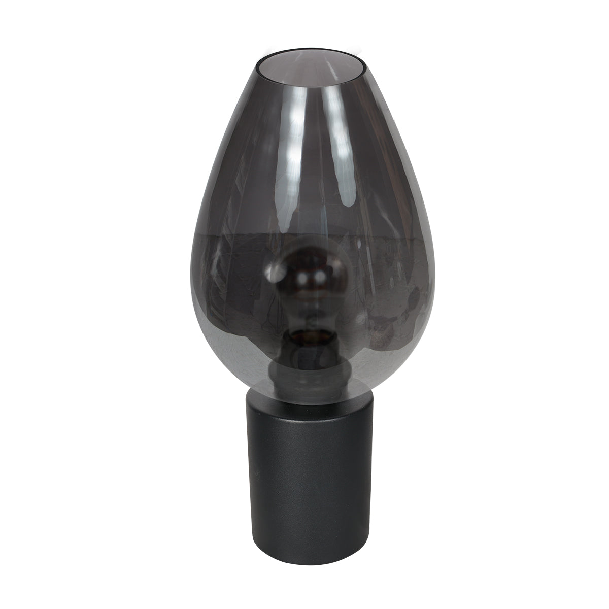 Lampe à poser verre fumé Bloeba de profil, abat-jour en forme de goutte