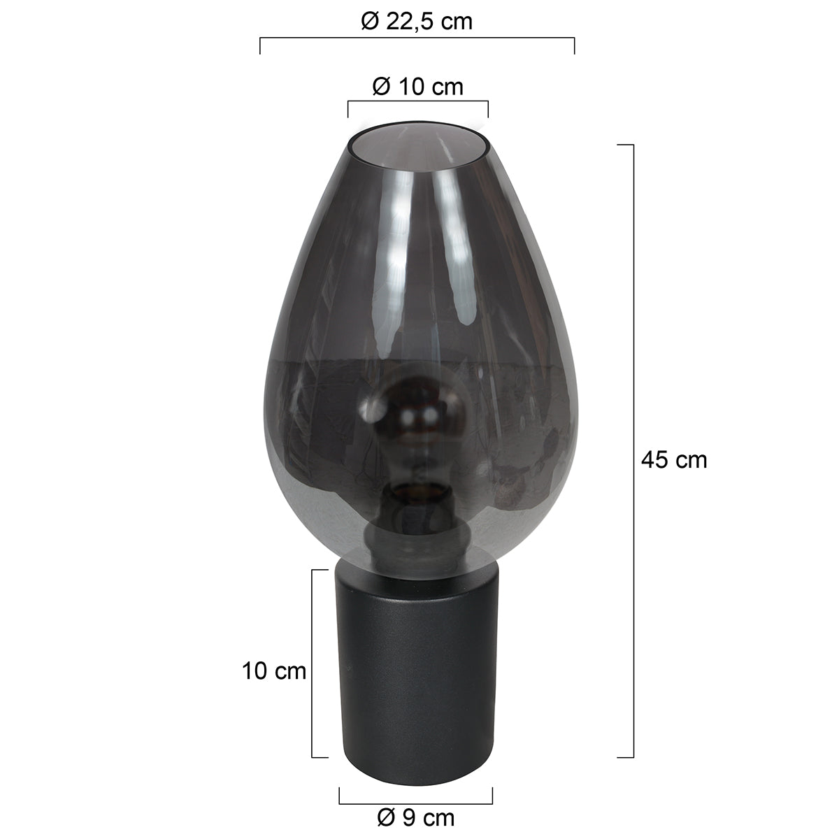 Dimensions de la lampe Bloeba : hauteur 45 cm, base Ø 9 cm, abat-jour Ø 10 cm