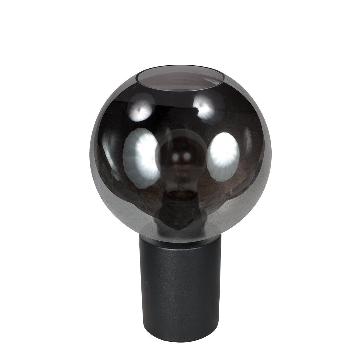 Même lampe de table présentée de face, abat-jour en verre fumé et socle noir.