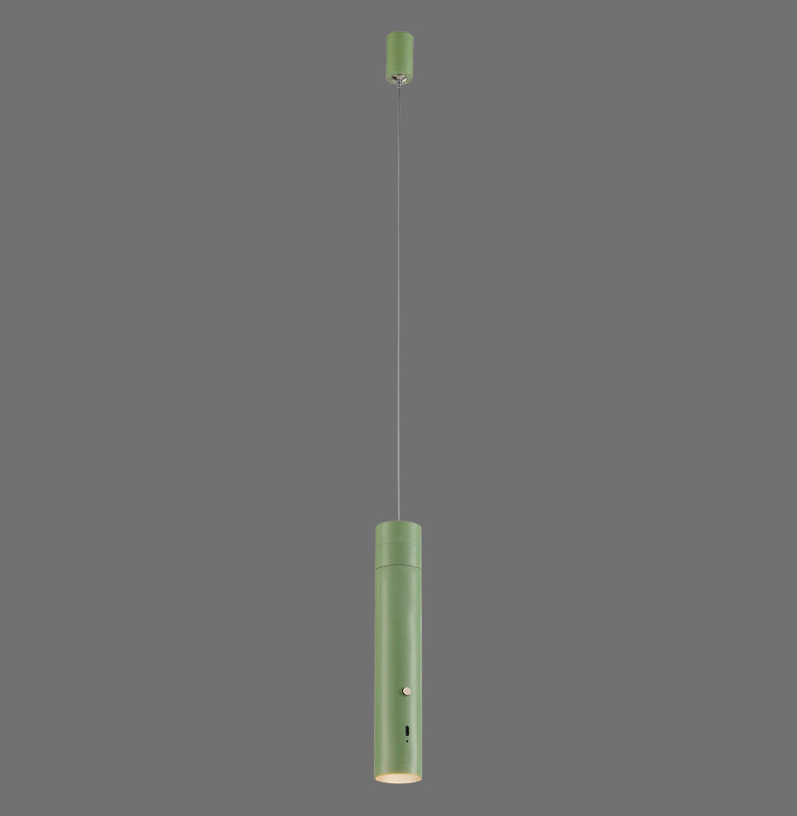 Suspension cylindrique vert clair vue de face sur fond gris neutre, fin câble
