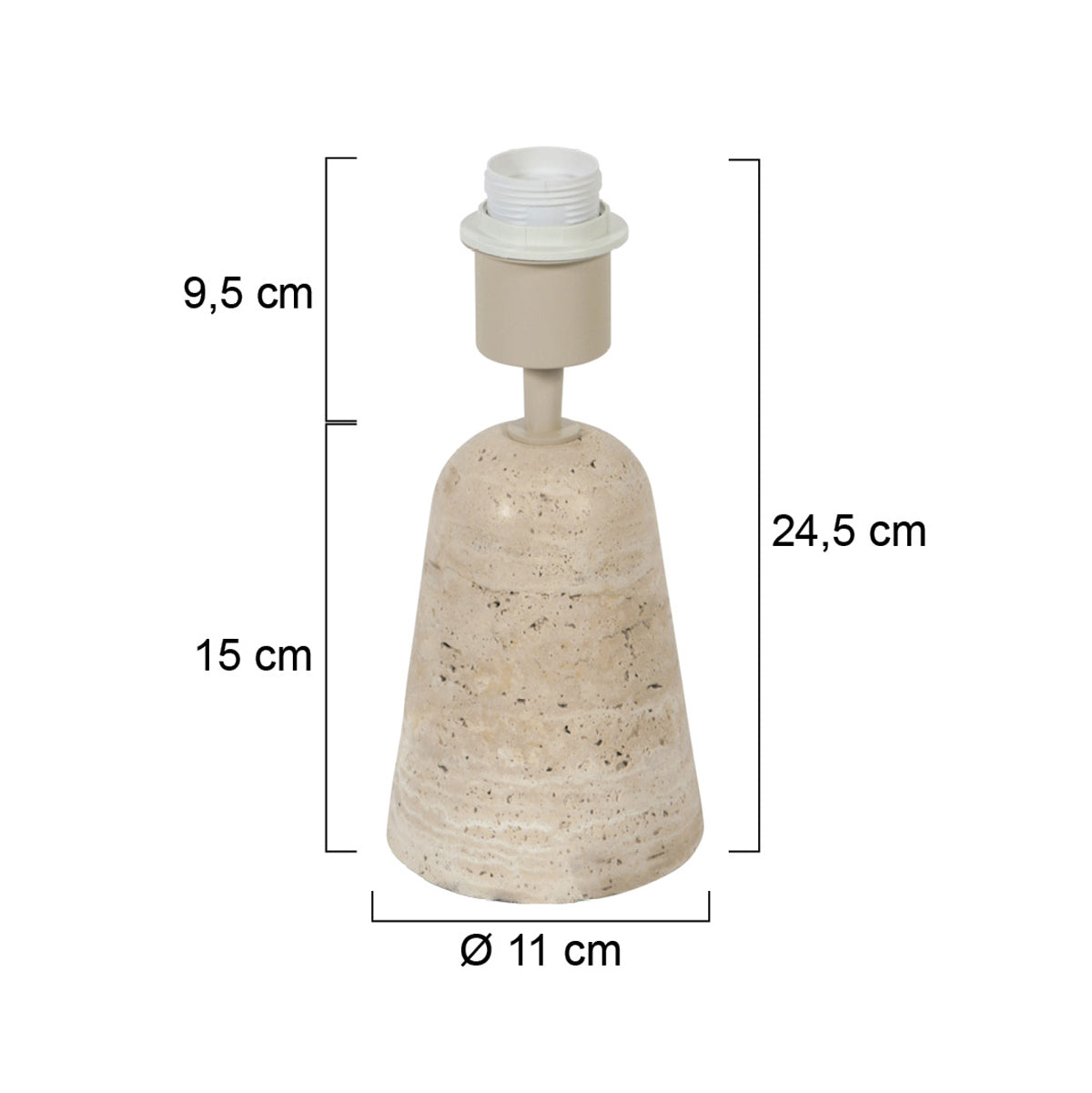 Dimensions de la lampe à poser travertin : hauteur 24,5 cm, Ø base 11 cm