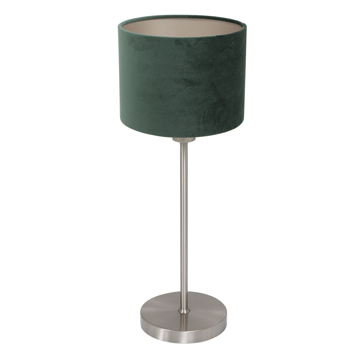 Vue de trois quarts du luminaire posé, montrant l'abat-jour cylindrique vert et sa tige fine.