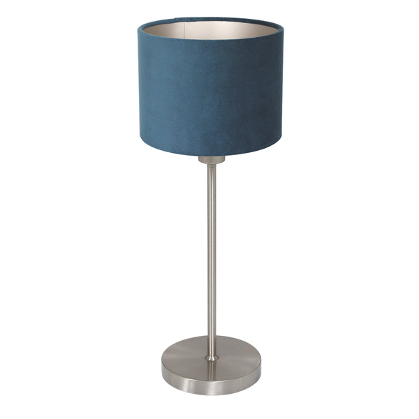 Tischleuchte Noor 4417ST – gebürsteter Stahl mit blauem Samtschirm