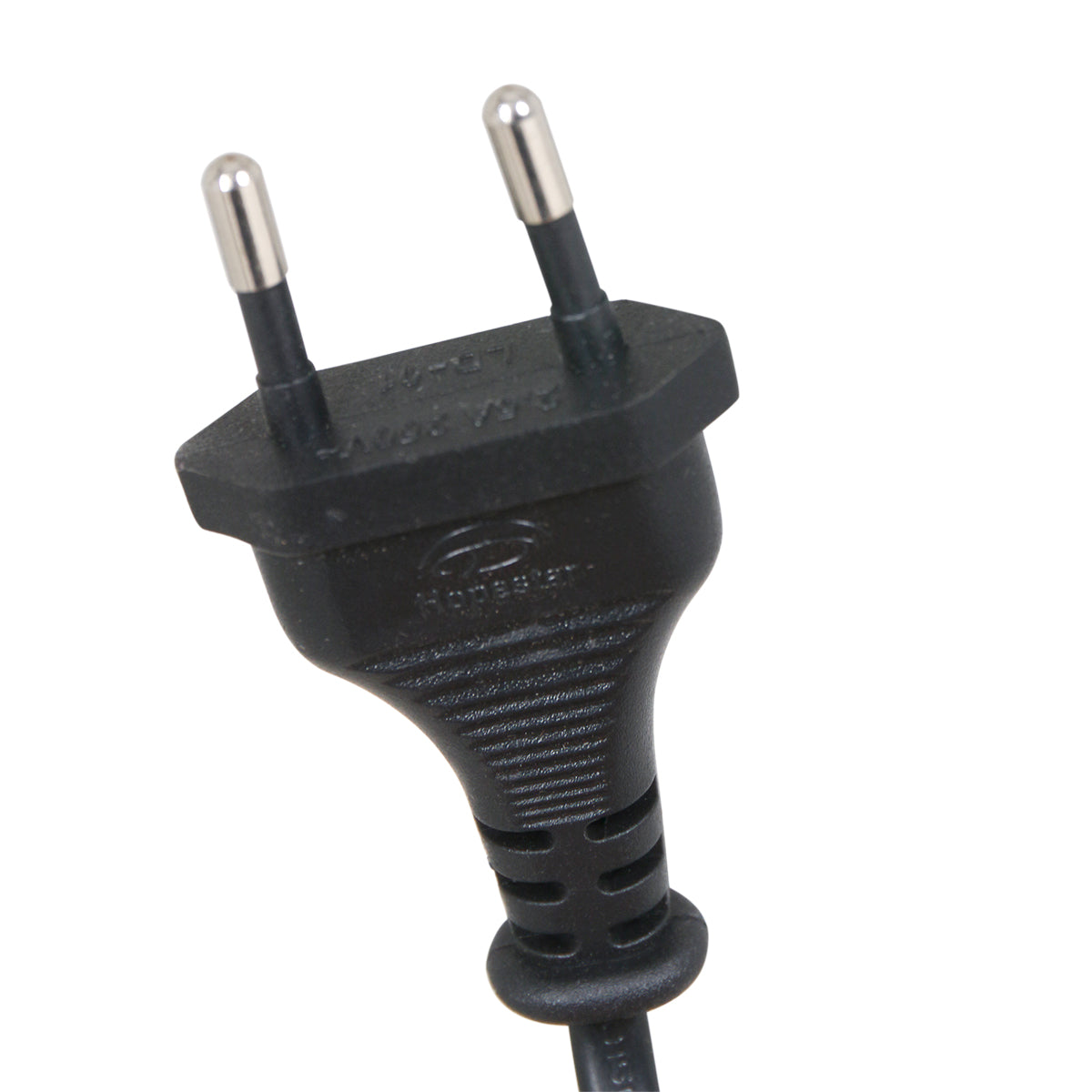 Détail de la fiche électrique noire à deux broches, gros plan sur le connecteur.