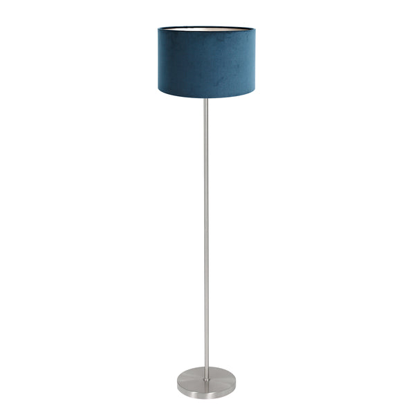 Stehlampe Noor 4435ST – gebürsteter Stahl mit blauem Samtschirm