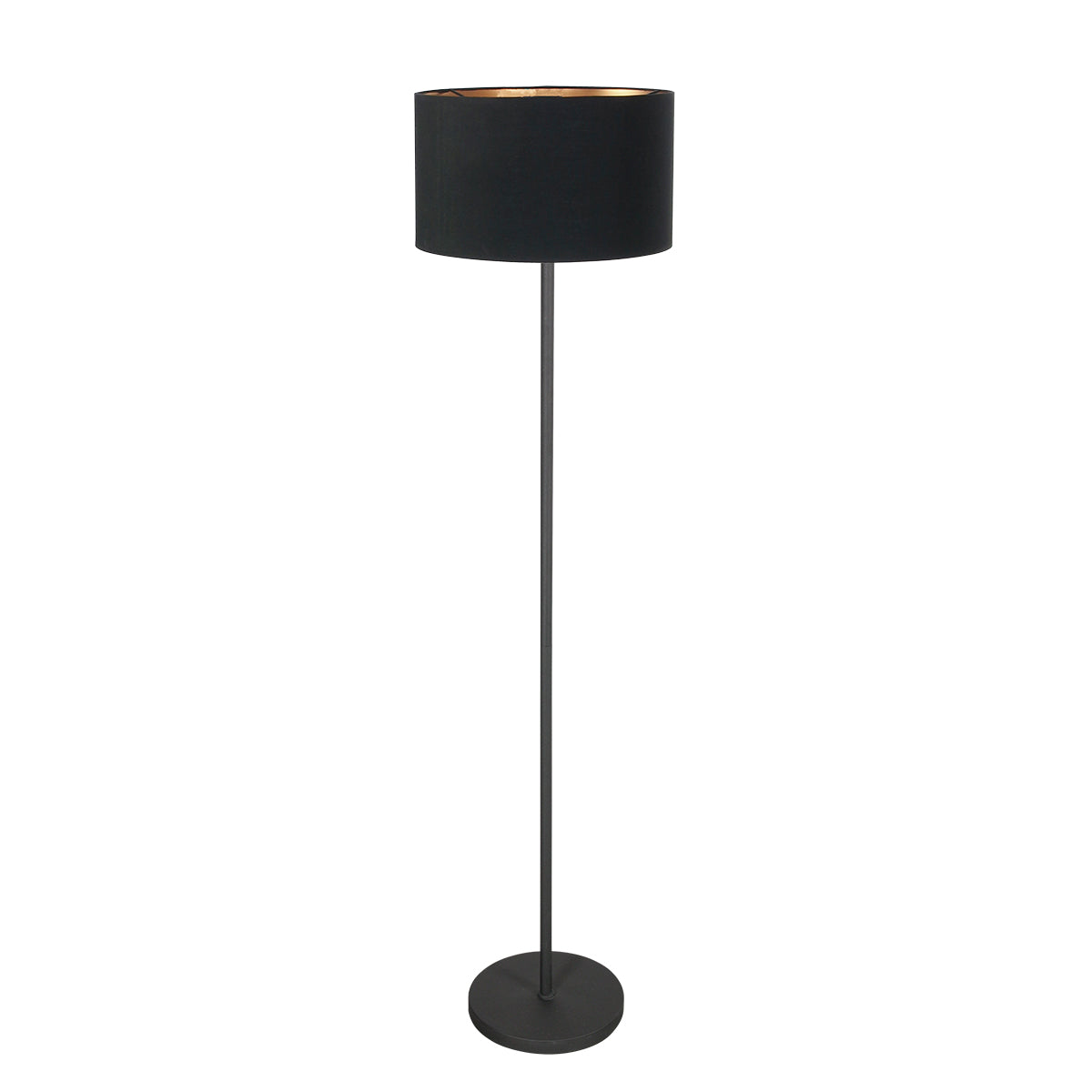Vue entière du lampadaire sur fond blanc, tige fine et socle rond