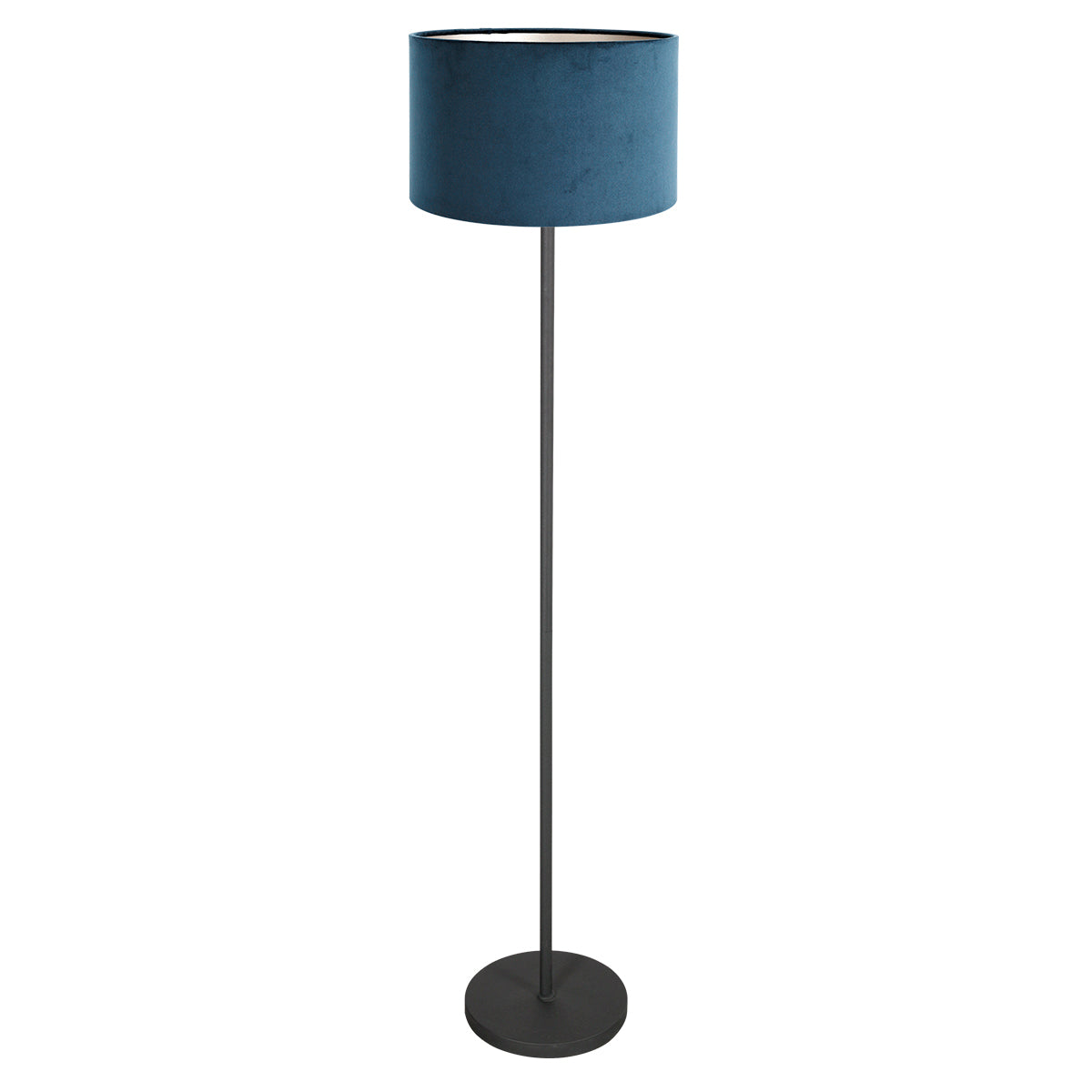 Vue d'ensemble du lampadaire sur fond blanc, abat-jour bleu et pied fin.