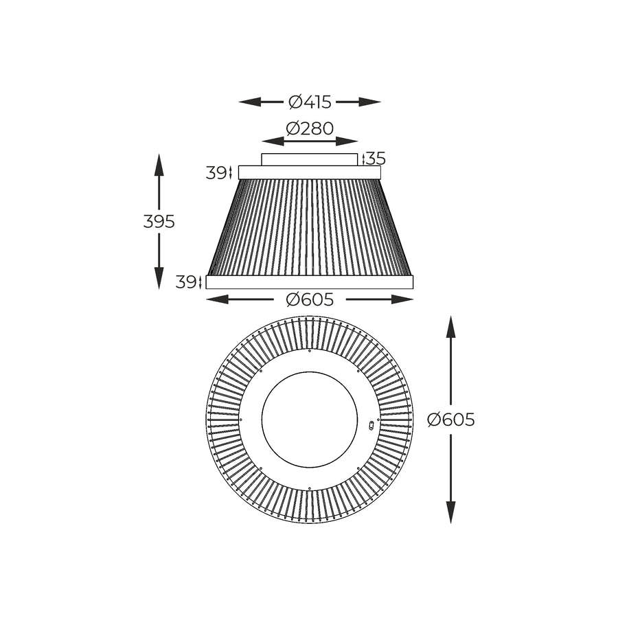 Schéma technique coté du plafonnier, diamètre 605 mm et hauteur 395 mm
