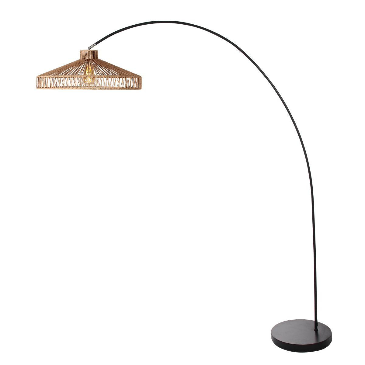 Vue inversée du lampadaire, montrant le pied rond et la suspension arquée.